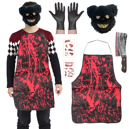 Ficlwigkis Horror Bär Kostüm - 6 Teiliges Halloween Outfit für Herren - Blutiger Killer Mit Gruseliger Maske - Erwachsene Karneval Verkleidung (Stil 1) von Ficlwigkis