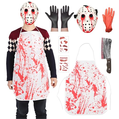 Ficlwigkis Blutiger Killer Horror Maske - 7 Teiliges Halloween Kostüm für Herren - Gruselige Maske für Karneval Outfit Erwachsene (Stil 4) von Ficlwigkis