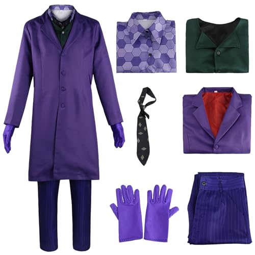 Ficlwigkis Joker Kostüm Herren,Karneval Faschingskostüme Herren,Joker Kostüm Lila Mantel mit Weste Hemd Hose Krawatte Handschuh 6 Pcs Set Joker Anzug Halloween Kostüm Herren (M) von Ficlwigkis