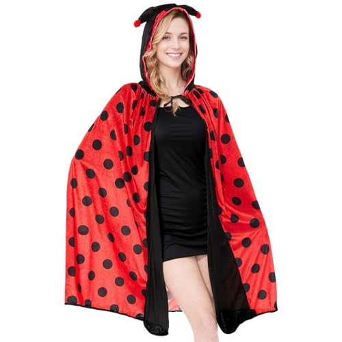 Ficlwigkis Ladybug Umhang Kostüm,Karneval Kostüm Damen Marienkäfer Umhang Faschingskostüme für Karneval Halloween (Rot, 130cm) von Ficlwigkis
