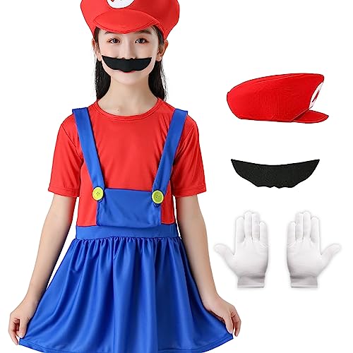 Ficlwigkis Mario Kostüm Kinder Herren Luigi Kostüm Set,4 Pcs Mario und Luigi Bodysuit Kostüm Herren Kinder Damen mit Hut Handschuhe Bart für Karneval Halloween Cosplay (Rot/Mädchen, M) von Ficlwigkis