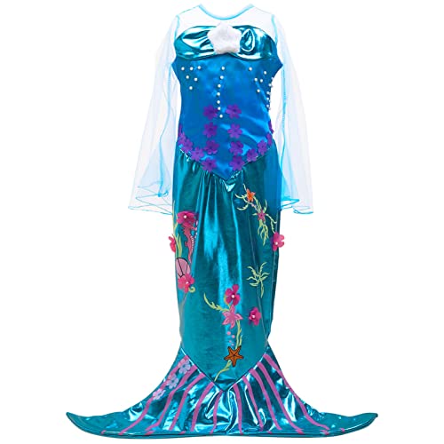 Ficlwigkis Meerjungfrau Kostüm Kinder Meerjungfrau Kleider Mädchen Party Halloween Cosplay Kostüme Set (Blau, 110) von Ficlwigkis
