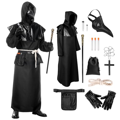 Ficlwigkis Pestdoktor Kostüm Herren,8 Pcs Pestarzt Halloween Kostüm mit Pestdoktor Maske Plague Doctor Costume für Halloween Karneval Kostüm (Plague Doctor Kostüm, 2XL(195cm-200cm)) von Ficlwigkis