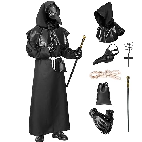 Ficlwigkis Pestdoktor Kostüm Herren,8 Pcs Pestarzt Karneval Kostüm mit Pestdoktor Maske Plague Doctor Costume für Karneval Halloween Kostüm (Schwarz, S(160cm-168cm)) von Ficlwigkis