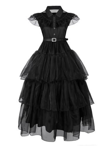 Ficlwigkis Wednesday Kostüm Damen Schwarz Kleid Karnival Kostüme Damen Wednesday Kostüme mit Halskette Ohrring Zubehör für Karnival Halloween Kostüm Damen (Style 1, 130) von Ficlwigkis