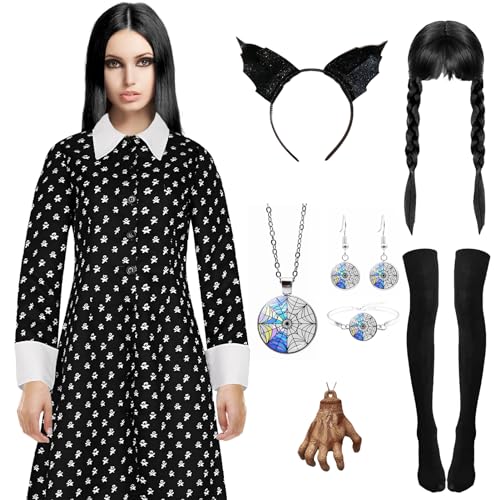 Ficlwigkis Wednesday Kostüm Damen Schwarz Mittwoch Kleid aus Tüll Karneval Kostüme Damen Faschingskostüme mit Perücke Halskette Ohrring Zubehör für Karneval Halloween Kostüm Damen (Style 1/Damen, L) von Ficlwigkis