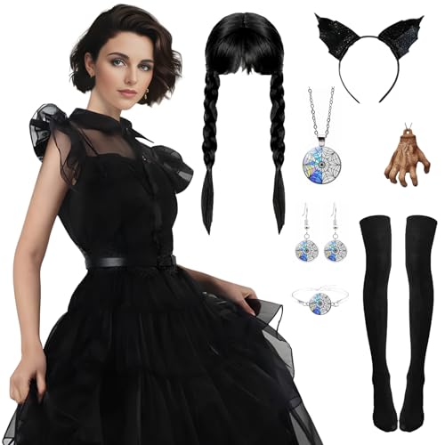 Ficlwigkis Wednesday Kostüm Damen Schwarz Mittwoch Kleid aus Tüll Faschingskostüme mit Perücke Halskette Ohrring Zubehör für Karneval Halloween Kostüm Damen (Style 2/Damen, M) von Ficlwigkis