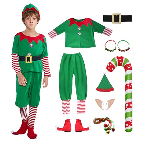 Ficlwigkis Buddy Elfen Kostüm Herren Jungen Grün Elfen Kostüm kinder Weihnachten Elf Kostüm Buddy mit Ohren Hut Gürtel Elfen für Weihnachten Kostüm Erwachsener (Grüne Kinder, 140) von Ficlwigkis