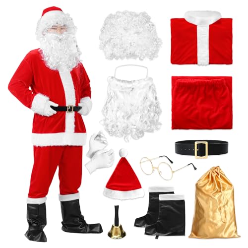 Ficlwigkis Weihnachtsmann Kostüm Herren,11 Stück Nikolaus Kostüm Herren Weihnachtsmann Santa Claus Costume für Kostüm Weihnachtsmann Cosplay Party (Rot, S) von Ficlwigkis