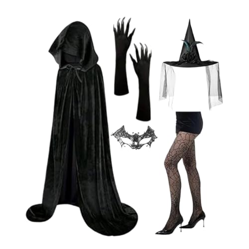 Fierudeng Hexenkostüm Für Erwachsene Damen, Hexen Umhang-Set, Gothic Handschuhe Hut Spitzenmaske Socken Halloween Fest Rollenspiel von Fierudeng