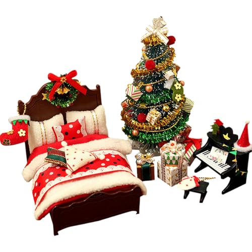 Fierudeng Puppenhaus Zubehör und Möbel Weihnachten - Miniatur-Bastelset für Baum Bett und Klavier | Weihnachtsmöbel Dekoration,Für Feiertage Winter Zuhause Zimmer Tischregal Party Kinder Erwachsene von Fierudeng