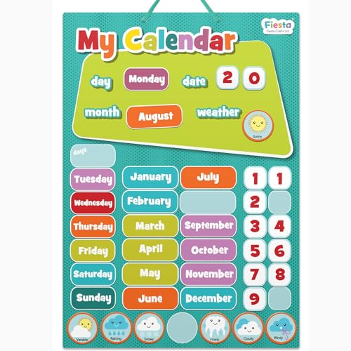 Fiesta Crafts Magnetic Calendar for Kids - Colourful, Engaging, & Educational Days of the Week Chart with Moveable Numbers, Months, & Weather Pieces - Interactive Learning Board for Toddler & Children von Fiesta Crafts