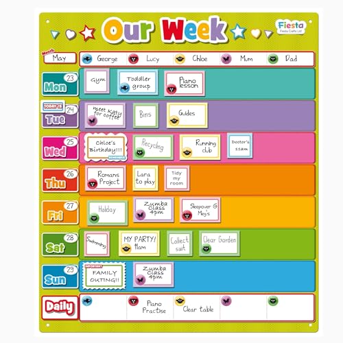 Fiesta Crafts Magnetic Weekly Planner - Colorful & Easy-to-Clean Our Week Fridge Chore Chart for Family - Daily Calendar & Visual Schedule for Kids & Toddlers with Whiteboard Pen & Rectangular Boards von Fiesta Crafts