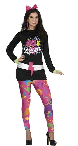 Fiestas GUiRCA 80s Girl Kostüm – Langärmliges schwarzes Disco Kleid und rosa 80er Jahre Leggings mit buntem Muster für Karneval Fasching Damen Größe M 36-38 von Fiestas GUiRCA