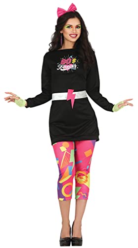 Fiestas GUiRCA 80s Girl Kostüm – Langärmliges schwarzes Disco Kleid und rosa 80er Jahre Leggings mit buntem Muster für Karneval Fasching Damen Größe M 36-38 von Fiestas GUiRCA