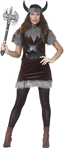 FIESTAS GUIRCA Königin der Wikinger Kostüm Damen – Wikinger Krieger Prinzessin Kostüm inkl. Vikings Hörner Größe XL 44-46 von FIESTAS GUIRCA