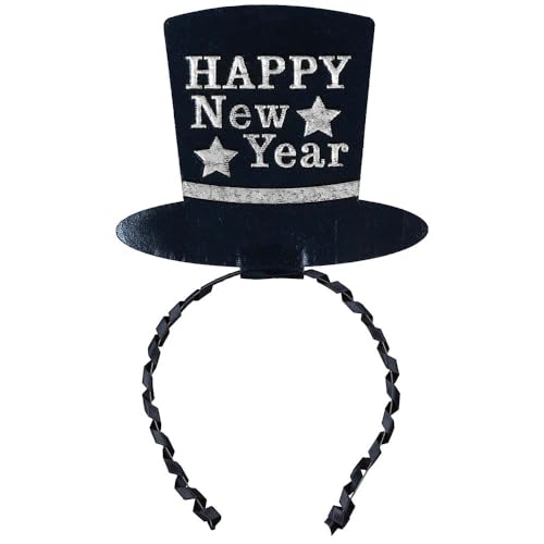 Fiestas Guirca Haarreif Happy New Year silber | Silvester Tiara mit Minihut | Foto Requisiten schwarz von Fiestas Guirca