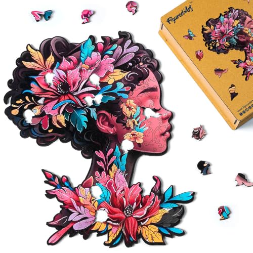 Figured'Art Holzpuzzle Erwachsene und Kinder 200 Teile - Blumenfrauenporträt - Originelles Design 27,1x35 cm Einzigartige Form mit Premium-Holzkiste von Figured'Art