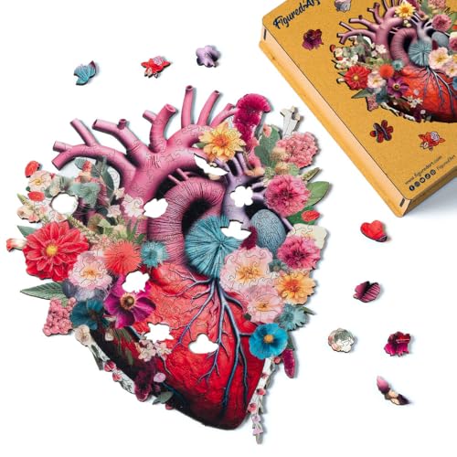 Figured'Art Holzpuzzle Erwachsene und Kinder 200 Teile - Florale Herz-Anatomie - Originelles Design 28,8x32,9 cm Einzigartige Form mit Premium-Holzkiste Figured'Art Holzpuzzle Erwachsene und Kinder 200 Teile - Florale Herz-Anatomie - Originelles Design 28,8x32,9 cm Einzigartige Form mit Premium-Holzkiste von Figured'Art