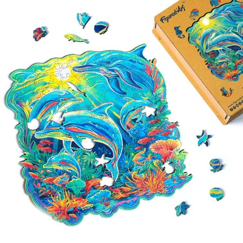 Figured'Art Holzpuzzle Erwachsene und Kinder 200 Teile Tiere - Delfine im Korallenriff - Originelles Design 28x28,5 cm Einzigartige Form mit Premium-Holzkiste Figured'Art Holzpuzzle Erwachsene und Kinder 200 Teile Tiere - Delfine im Korallenriff - Originelles Design 28x28,5 cm Einzigartige Form mit Premium-Holzkiste von Figured'Art