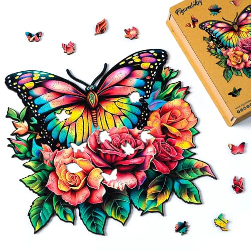 Figured'Art Holzpuzzle Erwachsene und Kinder 200 Teile Tiere - Schmetterling und Rosen - Originelles Design 29x28,3 cm Einzigartige Form mit Premium-Holzkiste Figured'Art Holzpuzzle Erwachsene und Kinder 200 Teile Tiere - Schmetterling und Rosen - Originelles Design 29x28,3 cm Einzigartige Form mit Premium-Holzkiste von Figured'Art