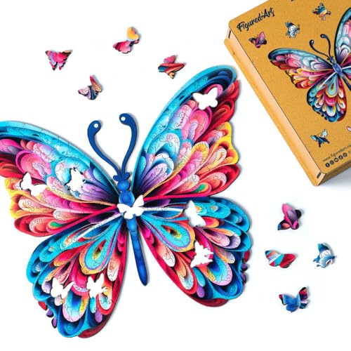 Figured'Art Holzpuzzle Erwachsene und Kinder 200 Teile Tiere - Schöner Regenbogen-Schmetterling - Originelles Design 32x27,5 cm Einzigartige Form mit Premium-Holzkiste Figured'Art Holzpuzzle Erwachsene und Kinder 200 Teile Tiere - Schöner Regenbogen-Schmetterling - Originelles Design 32x27,5 cm Einzigartige Form mit Premium-Holzkiste von Figured'Art