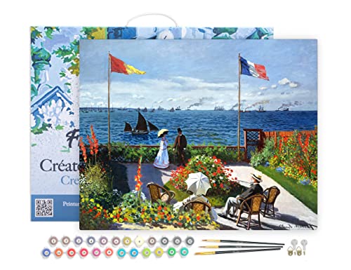 Figured'Art Malen Nach Zahlen Erwachsene Mit Rahmen Die Terrasse am Sainte Adresse - Monet - Paint by Numbers Basteln DIY Bastelset 40x50cm Leinwand gespannt auf Holzrahmen von Figured'Art