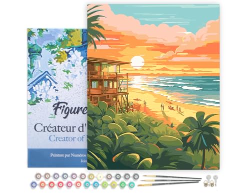 Figured'Art Malen Nach Zahlen Erwachsene Mit Rahmen Strandclub bei Sonnenuntergang - Paint by Numbers Basteln DIY Bastelset 40x50cm - Leinwand gespannt auf Holzrahmen von Figured'Art