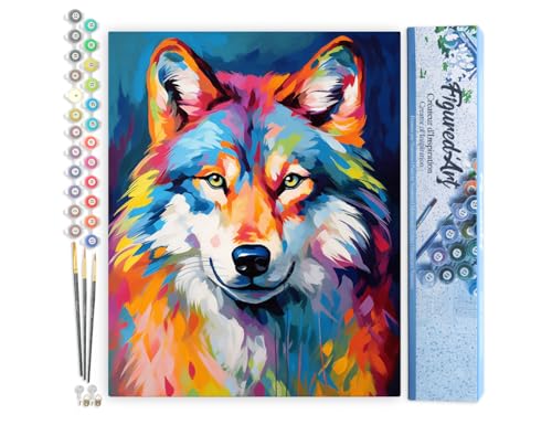 Figured'Art Malen Nach Zahlen Erwachsene Wolf Farbenfroh Abstrakt - Paint by Numbers Basteln DIY Bastelset 40x50cm ohne Holzrahmen von Figured'Art