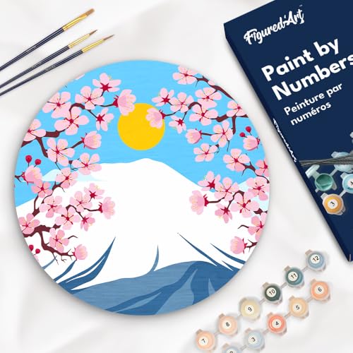 Figured'Art Malen nach Zahlen für Erwachsene auf einer Holzscheibe von 30 cm Durchmesser - Berg Fuji - Paint by Numbers Basteln DIY Bastelset von Figured'Art