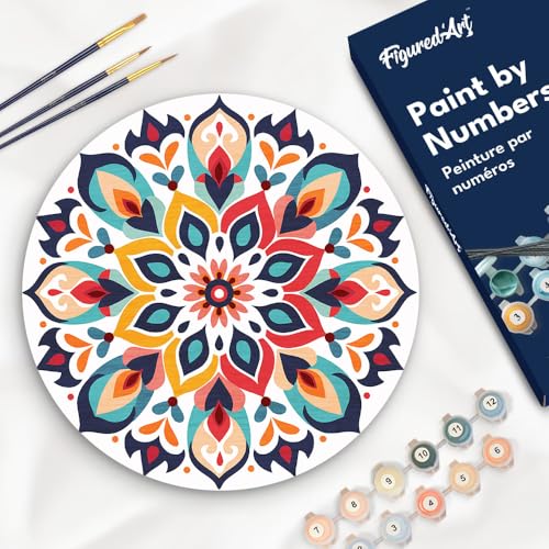 Figured'Art Malen nach Zahlen für Erwachsene auf einer Holzscheibe von 30 cm Durchmesser - Blumenmandala - Paint by Numbers Basteln DIY Bastelset von Figured'Art