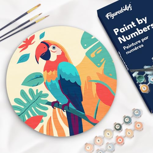 Figured'Art Malen nach Zahlen für Erwachsene auf einer Holzscheibe von 30 cm Durchmesser - Tropischer Papagei - Paint by Numbers Basteln DIY Bastelset Figured'Art Malen nach Zahlen für Erwachsene auf einer Holzscheibe von 30 cm Durchmesser - Tropischer Papagei - Paint by Numbers Basteln DIY Bastelset von Figured'Art