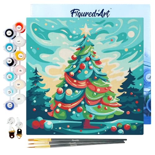 Figured'Art Mini Malen Nach Zahlen Erwachsene Mit Rahmen 20x20cm Kleines Format - Abstrakter Weihnachtsbaum - Paint by Numbers Basteln DIY Bastelset Leinwand gespannt auf Holzrahmen von Figured'Art