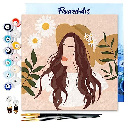 Figured'Art Mini Malen Nach Zahlen Erwachsene Mit Rahmen 20x20cm Kleines Format - Frau und Gänseblümchen - Paint by Numbers Basteln DIY Bastelset Leinwand gespannt auf Holzrahmen von Figured'Art
