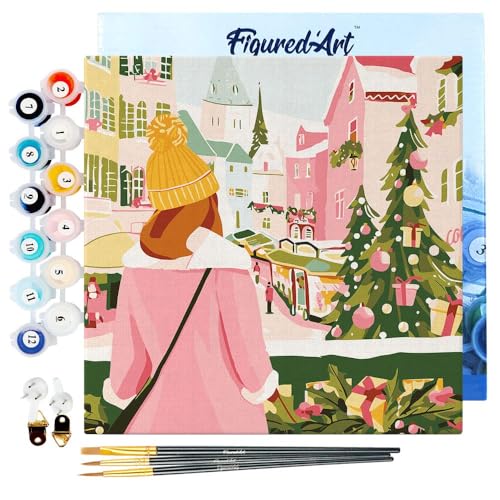 Figured'Art Mini Malen Nach Zahlen Erwachsene Mit Rahmen 20x20cm Kleines Format - Mädchen auf dem Weihnachtsmarkt - Paint by Numbers Basteln DIY Bastelset Leinwand gespannt auf Holzrahmen von Figured'Art