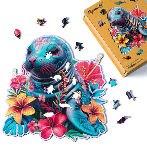 Figured'Art Holzpuzzle Erwachsene und Kinder 200 Teile Tiere - Seehund und Blumen - Originelles Design 26,5x28,5 cm Einzigartige Form mit Premium-Holzkiste Figured'Art Holzpuzzle Erwachsene und Kinder 200 Teile Tiere - Seehund und Blumen - Originelles Design 26,5x28,5 cm Einzigartige Form mit Premium-Holzkiste von Figured'Art