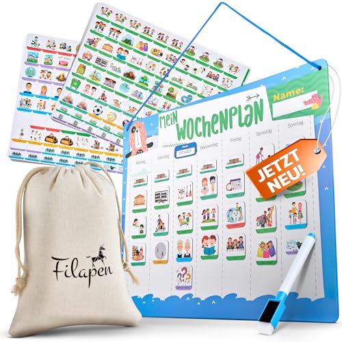 Filapen® Wochenplaner Kinder - Montessori Magnettafel inkl. 209 Magnete, Stoffbeutel, Stift & Kordel - Aufgabenplaner Komplett beschreib- und abwischbar - Fördert die Selbstständigkeit von Filapen