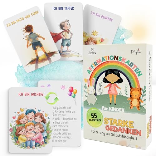 Filapen 55 Affirmationskarten für Kinder – Mutmachkarten für Kinder ab 5 Jahren – Positive Affirmationen, Achtsamkeitskarten, Sprachförderung & Selbstvertrauen – Geschenk Einschulung & Kindergarten von Filapen