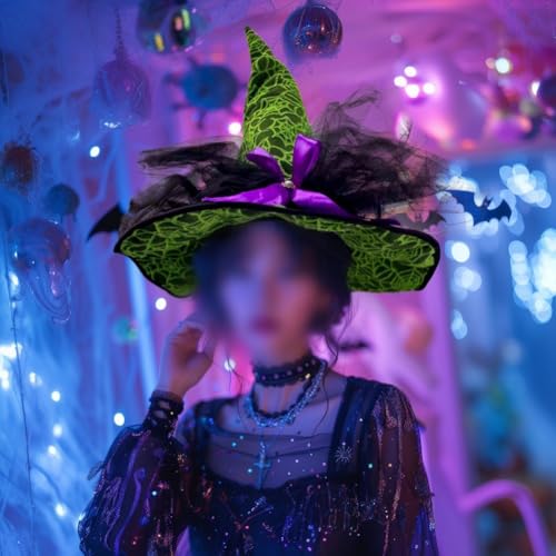 Filteilect Deluxe-Halloween-Hexenhut mit Spinnennetz und Gaze-Kürbis-Akzenten für Erwachsene und Kinder, 58–60 cm, Schwarz, Grün, Orange (grün) von Filteilect