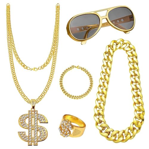 Filvczt Hip-Hop-Kostüm-Kit, Rapper Gangster Accessoires, falsches Gold-Kostümkleid, auffällige, langlebige, 5pcs für Disco-Themenpartys Filvczt Hip-Hop-Kostüm-Kit, Rapper Gangster Accessoires, falsches Gold-Kostümkleid, auffällige, langlebige, 5pcs für Disco-Themenpartys von Filvczt