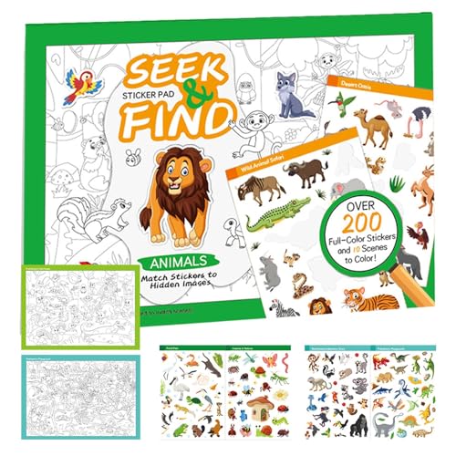 Find The Animal Stickerbuch, Tier-Stickerbuch, frühes Lernen, mit bunten und ansprechenden Designs, lustig und interaktiv, 19,5 x 26 x 0,4 cm, für Kinder von 3–6 Jahren von Filvczt