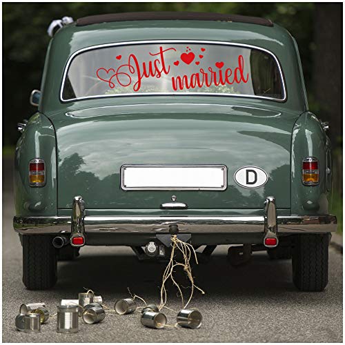 Aufkleber Folie Just Married für Hochzeitsauto Autoaufkleber Heck Wandaufkleber Wandtattoo Hochzeit Trauung Heiraten Sticker Selbstklebend Dekoration (Rot, KX057 Just Married 3) von Finest Folia