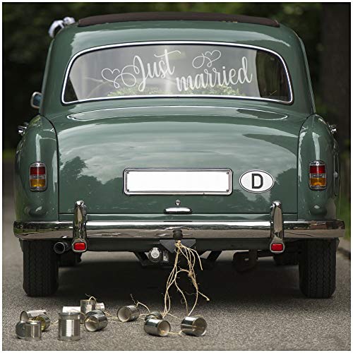 Aufkleber Folie Just Married für Hochzeitsauto Autoaufkleber Heck Wandaufkleber Wandtattoo Hochzeit Trauung Heiraten Sticker Selbstklebend Dekoration (Silber, KX056 Just Married 2) von Finest Folia