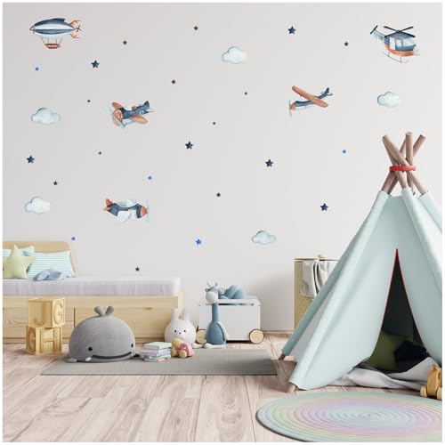 Wandsticker personalisiert Sticker Aquarell Tiere mit Name Wandtattoo für Kinderzimmer Babyzimmer Spielzimmer Mädchen Junge Y037 (Nr. 2 Flugzeuge, Ohne Wunschname) von Finest Folia
