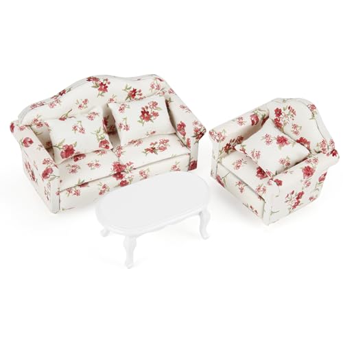 Miniatur Sofa Couch und Tabellen Miniatur Sofa Tisch Wichtel Couchtisch Sessel 1/12 Puppenhaus Sofa Miniatur Möbel Puppenhaus Möbel (Dark Flower) von Finetoknow