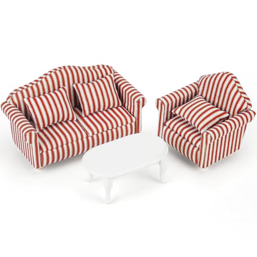 Miniatur Sofa Couch und Tabellen Miniatur Sofa Tisch Wichtel Couchtisch Sessel 1/12 Puppenhaus Sofa Miniatur Möbel Puppenhaus Möbel (Red Stripes) von Finetoknow