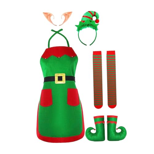 Finlon Elfenschürze Weihnachtskostüm-Set – Festliches Cartoon-Outfit für Bühnenauftritt und Maskerade mit Ohren und Socken von Finlon