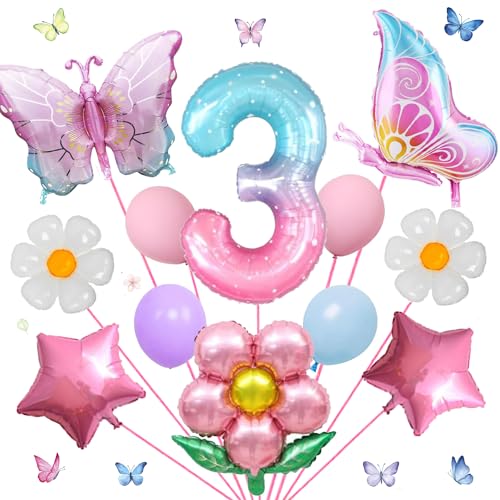 17-teiliges digitales Schmetterlingsballon-Set für Mädchen zum 3. Geburtstag, bunt, Farbverlauf, rosa Schmetterling, Folienballon, riesige Zahl 3. Folie, Mylar-Ballon, Blume, Partyzubehör von Finypa