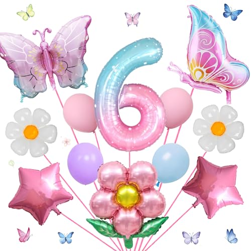 17-teiliges digitales Schmetterlingsballon-Set zum 6. Geburtstag für Mädchen, bunt, Farbverlauf, rosa Schmetterling, Folienballon, riesige Zahl 6, Mylar-Ballon, Blumen-Partyzubehör 17-teiliges digitales Schmetterlingsballon-Set zum 6. Geburtstag für Mädchen, bunt, Farbverlauf, rosa Schmetterling, Folienballon, riesige Zahl 6, Mylar-Ballon, Blumen-Partyzubehör von Finypa