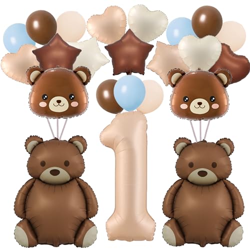 32 Stück Bären-Ballons, 1. Zahlen-Ballons, 101,6 cm, große braune Bären-Ballons, Babyparty-Dekorationen, Geburtstags-Ballons, Folien-Tierballons für Geburtstagsparty-Dekoration (1.) von Finypa
